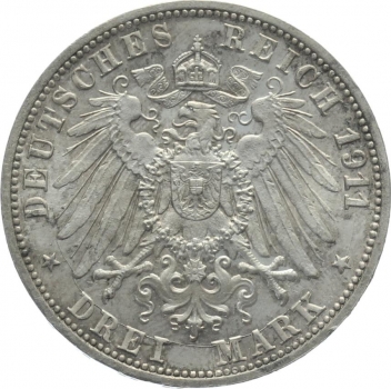 Württemberg 3 Mark 1911 F - Wilhelm & Charlotte